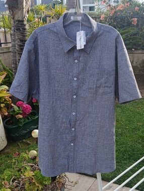 NWT COOFANDY Men's Gray Linen-Textured Short Sleeve Button Down Shirt - XL